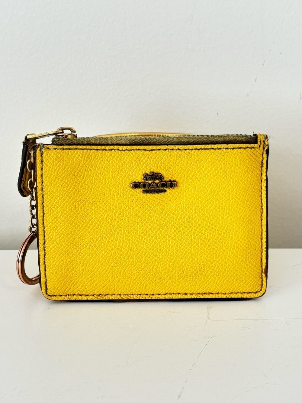 COACH Mini Skinny ID Compact wallet card holder zip closure keychain yellow